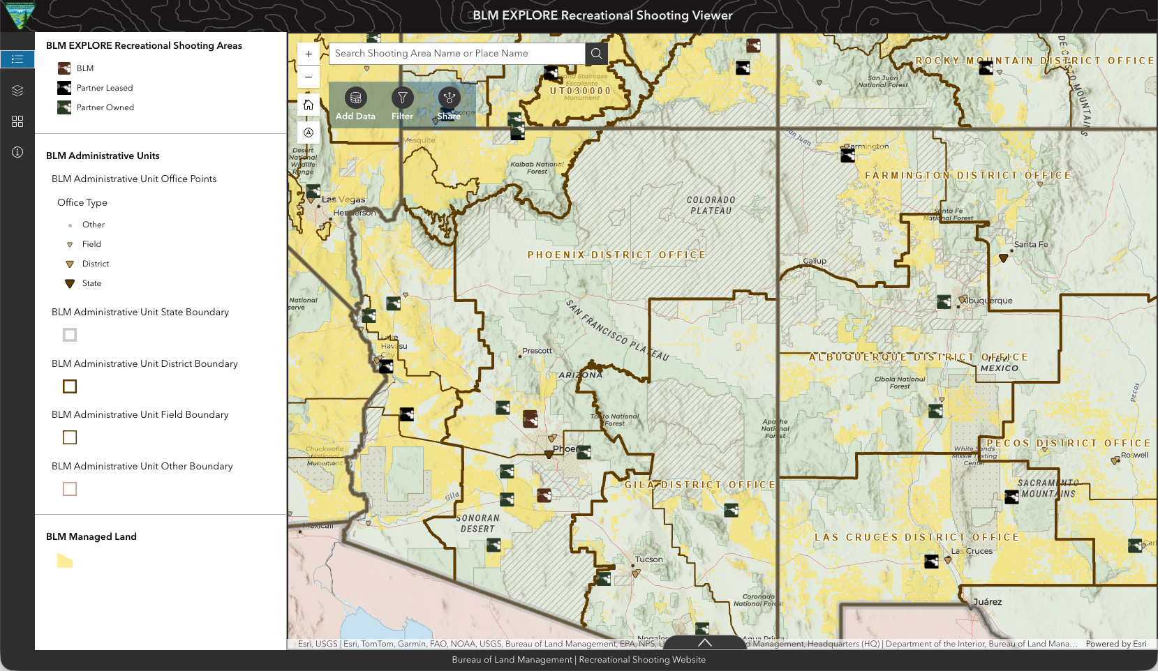 Screenshot of a map depicting BLM managed shooting ranges in Arizona and New Mexico.